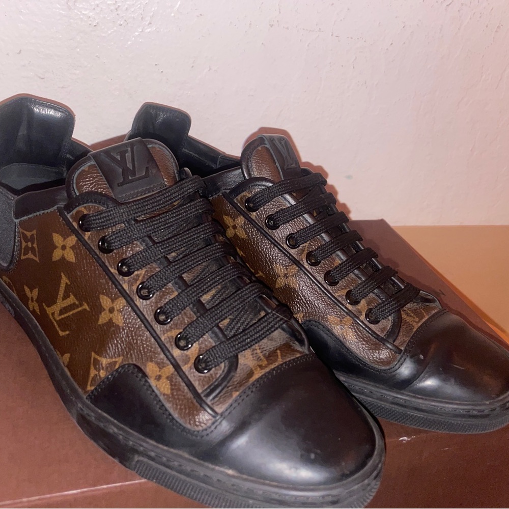 Louis Vuitton Brown Monogram Canvas And Black Leather Slalom Low Top Sneakers - Picture 2 of 7